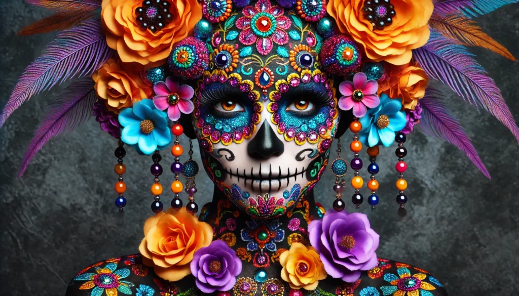 A vibrant and colorful image of a person with intricate Day of the Dead face paint in the style of a sugar skull. The face is adorned with detailed floral patterns in bright colors, including beads and rhinestones. The person wears a large headdress made of colorful flowers in hues of orange, purple, blue, and yellow, with dangling bead decorations. Their eyes are framed by bold, decorative eyelashes, and the background is a dark textured material, creating a stark contrast that highlights the vibrant face paint and floral elements.